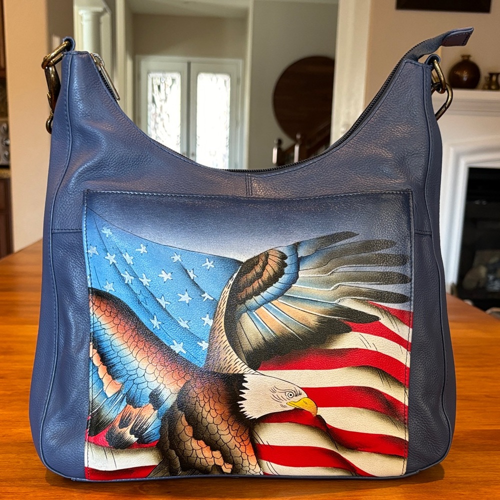 Anuschka Hand Painted Leather Bag Patriotic American Flag Eagle Detail 2 Way EUC